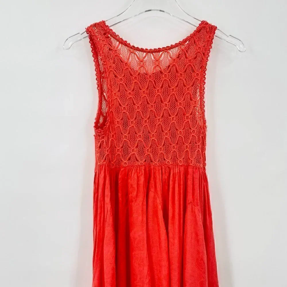 Free People Size XS Fiesta Coral Pink Crochet Lace Boho Sleeveless Mini Dress